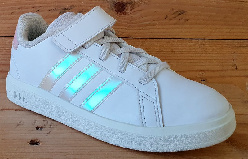 Adidas Grand Court Low Leather Trainers UK1/US1.5/EU33 GY2327 White/Iridescent