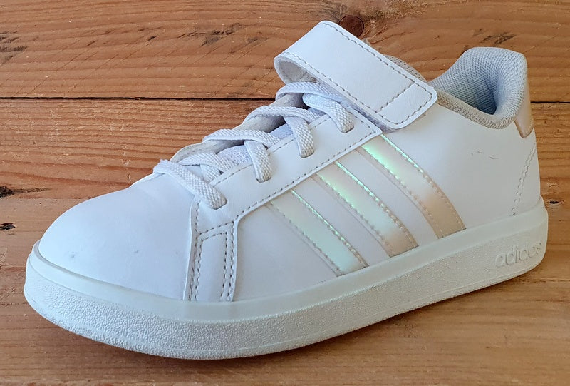 Adidas Grand Court Low Leather Trainers UK1/US1.5/EU33 GY2327 White/Iridescent