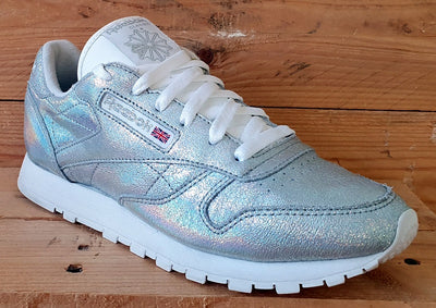 Reebok Classic Low Leather Trainers UK6/US8.5/EU39 BS5193 Silver Glitter/White