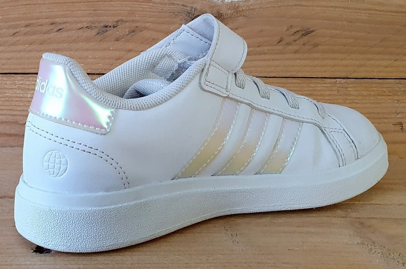 Adidas Grand Court Low Leather Trainers UK1/US1.5/EU33 GY2327 White/Iridescent