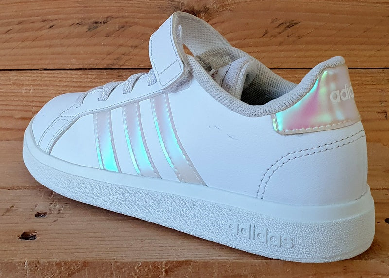 Adidas Grand Court Low Leather Trainers UK1/US1.5/EU33 GY2327 White/Iridescent