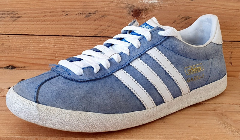 Adidas Gazelle Low Suede Trainers UK9/US9.5/EU43 G16183 Light Blue/White/Gold