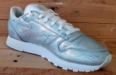 Reebok Classic Low Leather Trainers UK6/US8.5/EU39 BS5193 Silver Glitter/White