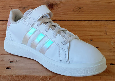 Adidas Grand Court Low Leather Trainers UK1/US1.5/EU33 GY2327 White/Iridescent