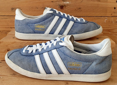 Adidas Gazelle Low Suede Trainers UK9/US9.5/EU43 G16183 Light Blue/White/Gold