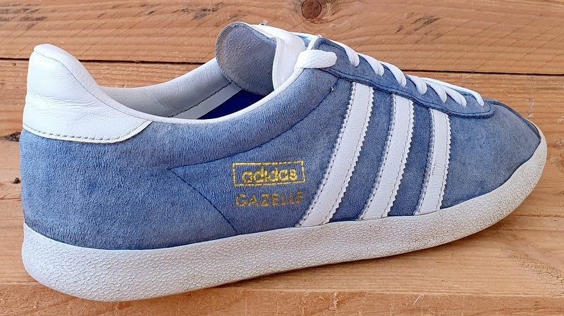 Adidas Gazelle Low Suede Trainers UK9/US9.5/EU43 G16183 Light Blue/White/Gold