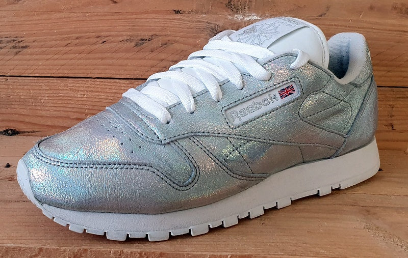 Reebok Classic Low Leather Trainers UK6/US8.5/EU39 BS5193 Silver Glitter/White