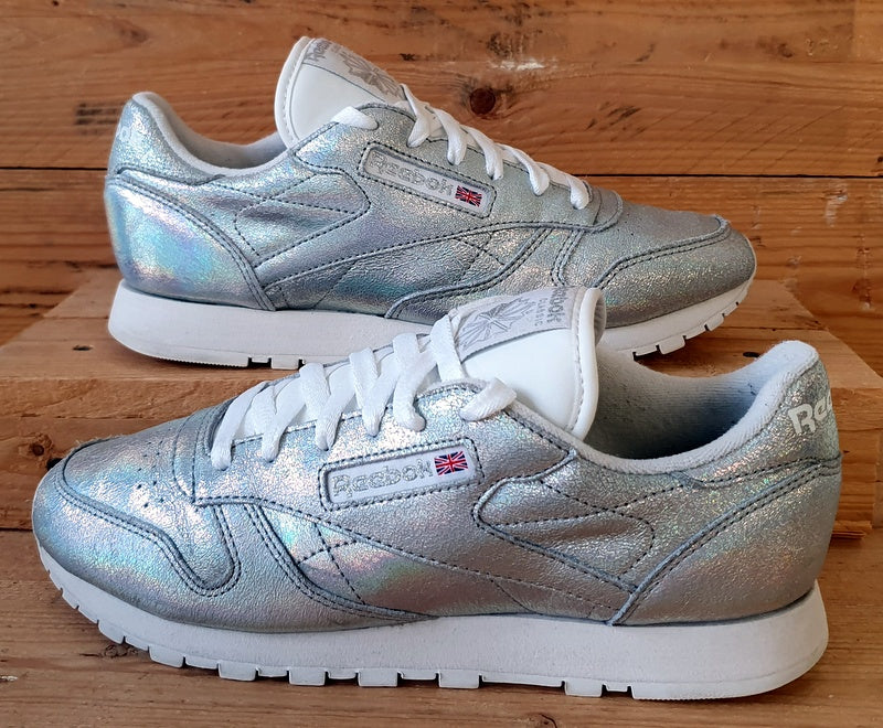 Reebok Classic Low Leather Trainers UK6/US8.5/EU39 BS5193 Silver Glitter/White