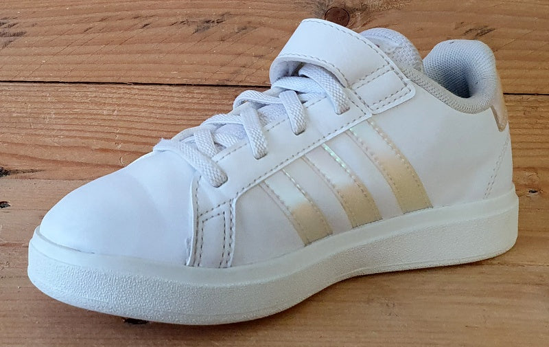 Adidas Grand Court Low Leather Trainers UK1/US1.5/EU33 GY2327 White/Iridescent